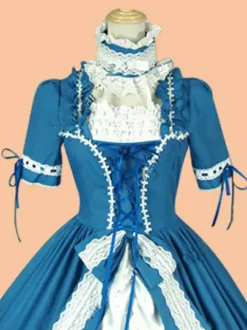 Dark Navy Retro Tudor Dress Costumes Women's Lace Up Bows Polyester Choker Dress Retro Marie Antoinette Costume Vintage Clothing