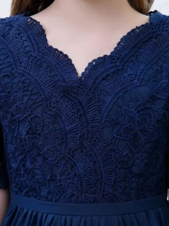 Dark Navy Flower Girl Dress Chiffon Lace V-Neck Short Sleeves Kids Birthday Party Dresses