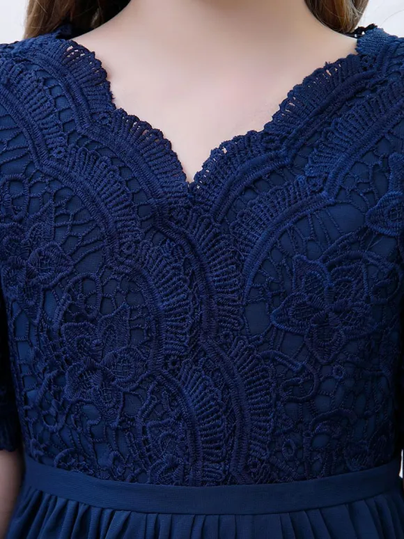 Dark Navy Flower Girl Dress Chiffon Lace V-Neck Short Sleeves Kids Birthday Party Dresses
