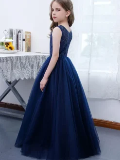 Dark Navy Flower Girl Dress Lace Jewel Neck Sleeveless Kids Birthday Party Dresses