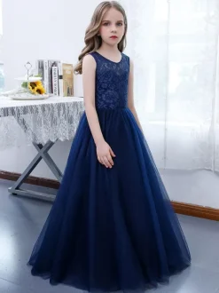 Dark Navy Flower Girl Dress Lace Jewel Neck Sleeveless Kids Birthday Party Dresses