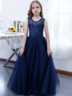 Dark Navy Flower Girl Dress Lace Jewel Neck Sleeveless Kids Birthday Party Dresses