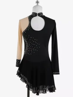 Dark Black Elegant Skating Dress Long Sleeves Mesh Beaded Rhinestone Skating Costumes