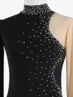 Dark Black Elegant Skating Dress Long Sleeves Mesh Beaded Rhinestone Skating Costumes