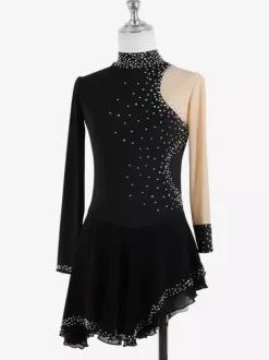Dark Black Elegant Skating Dress Long Sleeves Mesh Beaded Rhinestone Skating Costumes