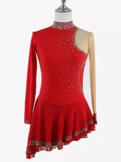 Dark Black Elegant Skating Dress Long Sleeves Mesh Beaded Rhinestone Skating Costumes