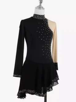 Dark Black Elegant Skating Dress Long Sleeves Mesh Beaded Rhinestone Skating Costumes