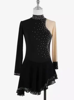 Dark Black Elegant Skating Dress Long Sleeves Mesh Beaded Rhinestone Skating Costumes
