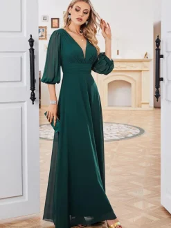 Dark Green Dress Chiffon Half Sleeves Empire Waist Prom Maxi Dresses