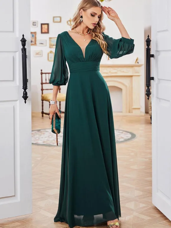 Dark Green Dress Chiffon Half Sleeves Empire Waist Prom Maxi Dresses
