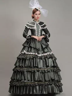 Dark Green Retro Tudor Dress Costumes Women's Lace Flowers Polyester Tunic Dress Headwear Marie Antoinette Costume Vintage Party Prom Dress