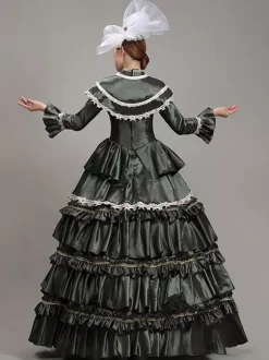 Dark Green Retro Tudor Dress Costumes Women's Lace Flowers Polyester Tunic Dress Headwear Marie Antoinette Costume Vintage Party Prom Dress