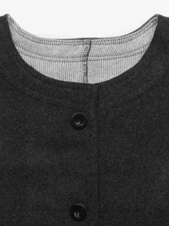 Dark Grey Sleeveless Wool Blend Midi Vest Dress Round Neck Button Front Casual Waistcoat
