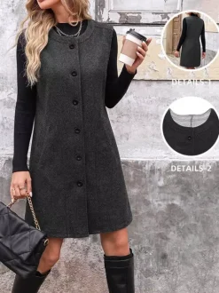 Dark Grey Sleeveless Wool Blend Midi Vest Dress Round Neck Button Front Casual Waistcoat