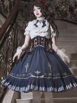 Dark Navy Gothic Lolita Dresses Ruffles Short Sleeves Classic Lolita Dress Set