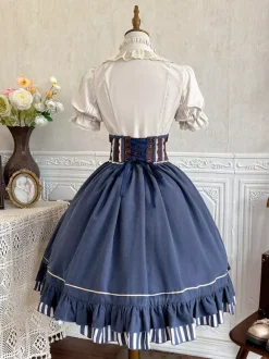 Dark Navy Gothic Lolita Dresses Ruffles Short Sleeves Classic Lolita Dress Set