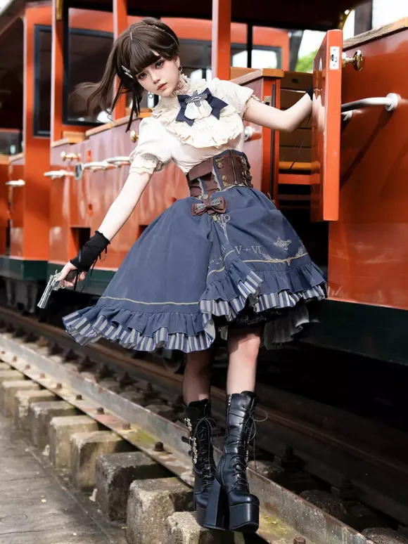 Dark Navy Gothic Lolita Dresses Ruffles Short Sleeves Classic Lolita Dress Set