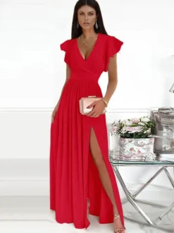 Dark Navy Maxi Dress Flutter Sleeves V-Neck Surplice Tank Prom Dresses