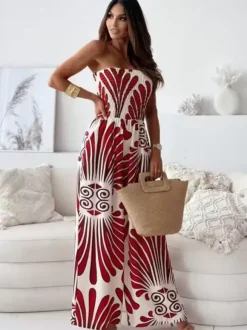 Dark Navy Printed Strapless Sleeveless Polyester Straight Summer One Piece Outfit