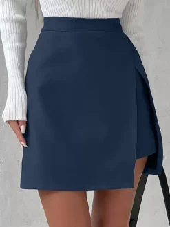 Dark Navy Skirt High Waist Split Layering Summer Casual Skirts