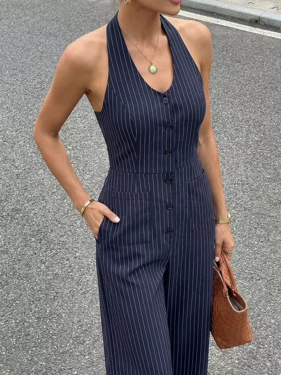 Dark Navy Thin Vertical Stripe Halter Jumpsuit Sleeveless High Waist Wide Leg Playsuit