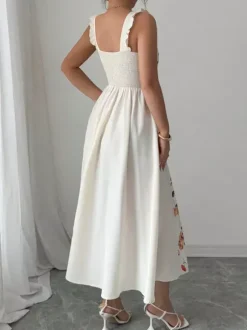 Date Night Dresses Maxi Backless Flowers Pleated Sleeveless Floral Print Square Neck Sweet Dress