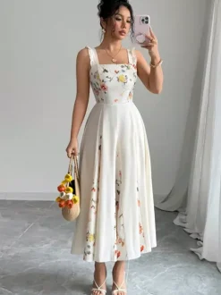 Date Night Dresses Maxi Backless Flowers Pleated Sleeveless Floral Print Square Neck Sweet Dress