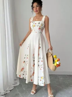 Date Night Dresses Maxi Backless Flowers Pleated Sleeveless Floral Print Square Neck Sweet Dress