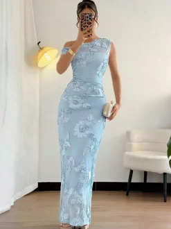Date Night Dresses Maxi Elegant Black One Shoulder 3D Floral Mesh Mermaid Bodycon Formal Gown