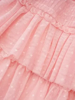 Date Night Dresses Maxi Layered Pleated Short Sleeves Jewel Neck Elegant Pink Dress