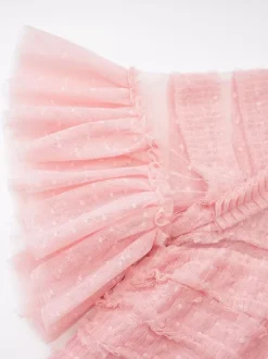 Date Night Dresses Maxi Layered Pleated Short Sleeves Jewel Neck Elegant Pink Dress