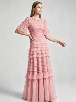 Date Night Dresses Maxi Layered Pleated Short Sleeves Jewel Neck Elegant Pink Dress