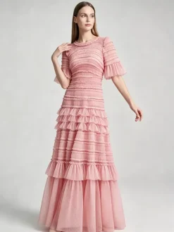 Date Night Dresses Maxi Layered Pleated Short Sleeves Jewel Neck Elegant Pink Dress