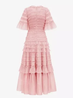 Date Night Dresses Maxi Layered Pleated Short Sleeves Jewel Neck Elegant Pink Dress