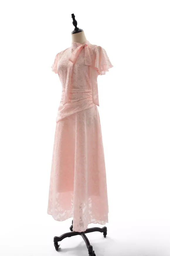 Date Night Dresses Maxi Ruffles Zipper Short Sleeves Stand Collar Petal Sleeves Elegant Pink Dress