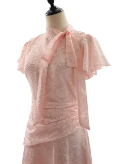 Date Night Dresses Maxi Ruffles Zipper Short Sleeves Stand Collar Petal Sleeves Elegant Pink Dress
