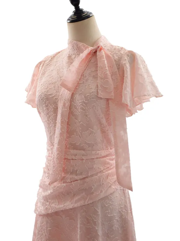 Date Night Dresses Maxi Ruffles Zipper Short Sleeves Stand Collar Petal Sleeves Elegant Pink Dress