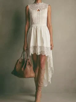 Date Night Dresses Midi High Low Bohemian Lace Sleeveless Jewel Neck Irregular Flowy White Dresses