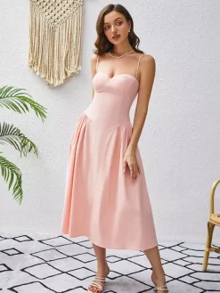 Date Night Dresses Midi Sleeveless Straps Neck Elegant Pink Dress