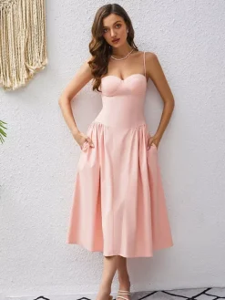 Date Night Dresses Midi Sleeveless Straps Neck Elegant Pink Dress