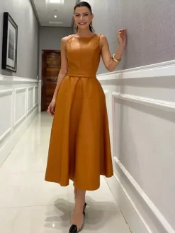 Date Night Dresses Midi Sleeveless Jewel Neck Chic Green Dress