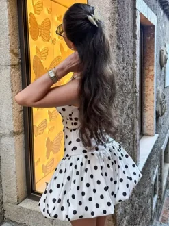 Date Night Dresses Mini Backless Sleeveless Polka Dot Straps Neck Casual White Summer Dress