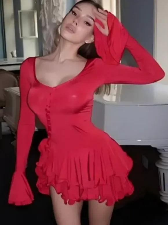 Date Night Dresses Mini Buttons Ruffles Long Sleeves V-Neck Flared Sleeves Elegant Pink Dress