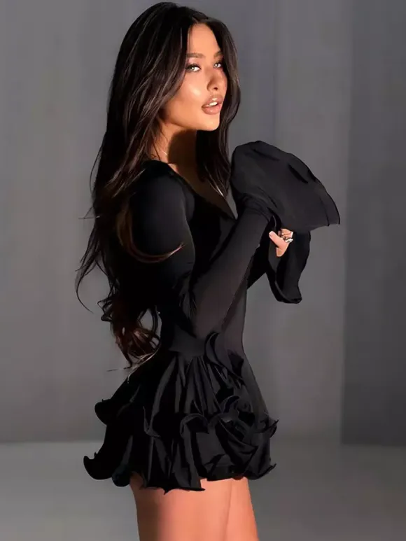 Date Night Dresses Mini Buttons Ruffles Long Sleeves V-Neck Flared Sleeves Elegant Pink Dress