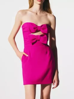 Date Night Dresses Mini Backless Bows Zipper Sleeveless Strapless Elegant Rose Dress
