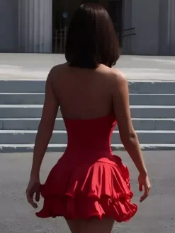 Date Night Dresses Mini Backless Pleated Lace Up Sleeveless V-Neck Chic Red Dress