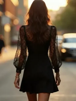 Date Night Dresses Mini Lace Long Puff Sleeves Jewel Neck Elegant Black Dress