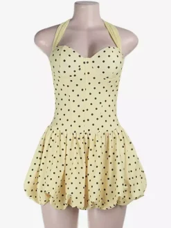 Date Night Dresses Mini Lace Up Sleeveless Halter Chic Yellow Dress
