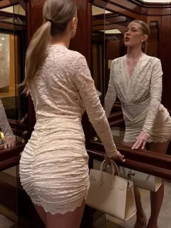 Date Night Dresses Mini Long Sleeves V-Neck Sexy Yellow Dress