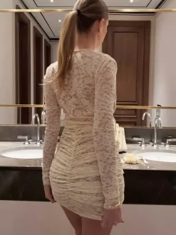 Date Night Dresses Mini Long Sleeves V-Neck Sexy Yellow Dress